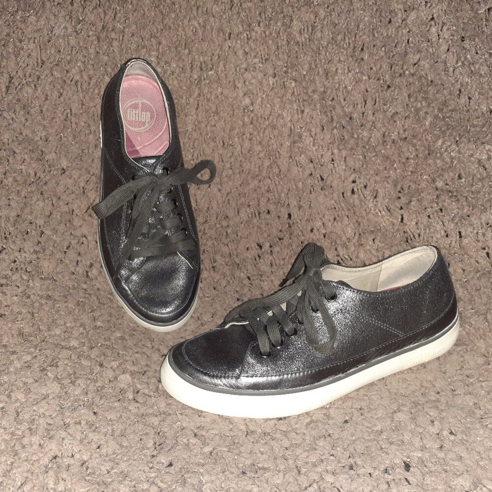 FITFLOP-Rally Sneaker-Metallic Pewter Leather-LaceUp-Sz 6-Excellent